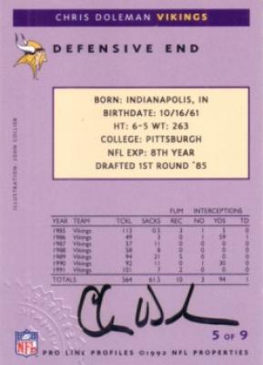 Chris Doleman certified autograph Minnesota Vikings 1992 Pro Line card