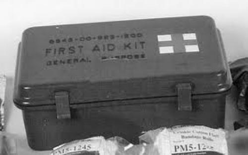 Militaria; The steel box 12-unit vehicle first aid kit of World War II and the 1950s